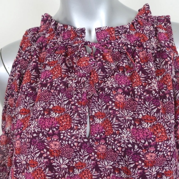 MISA Yesenia Purple Floral Chiffon Ruffle Cold Shoulder Mini Dress - Picture 7 of 7